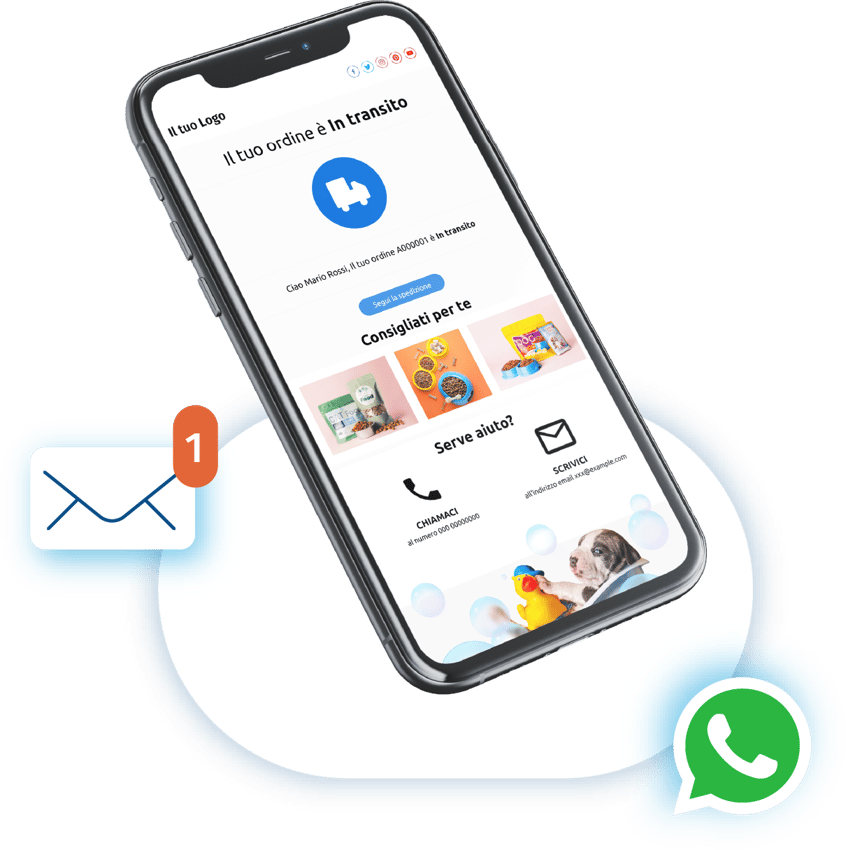 mobile transazionale con icone email whatsapp